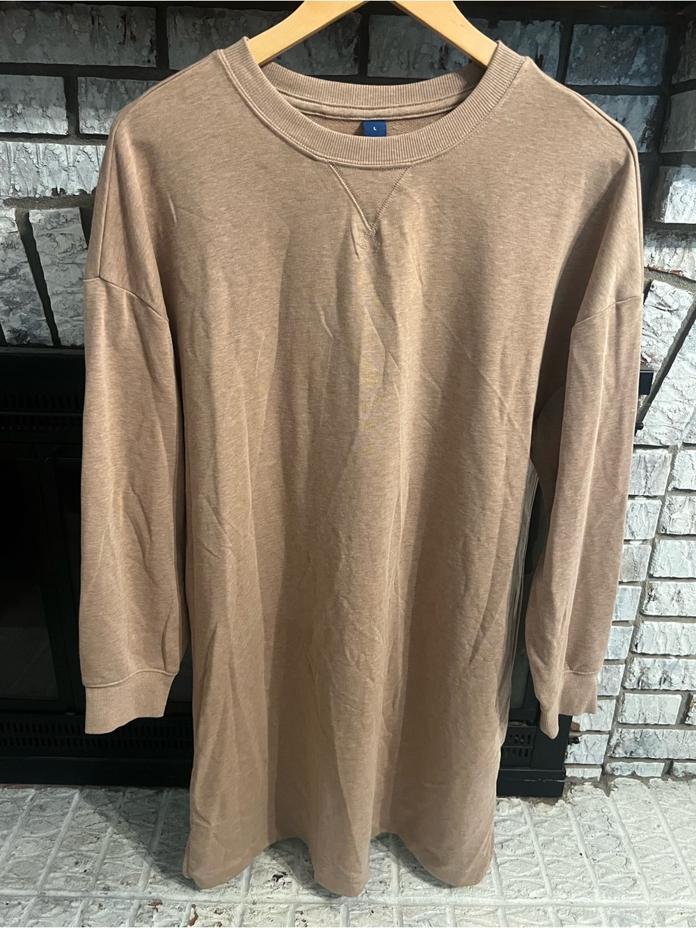 Women's Long Sleeve Crewneck Extra Long Shirt Dress - Brown